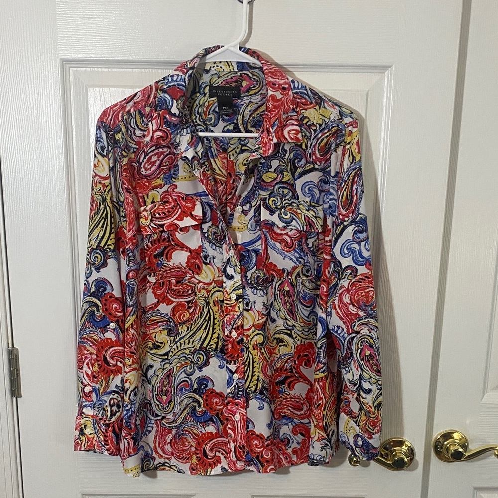 XL L Petite Vibrant Multicolor Paisley Top w/pockets lightweight artsey